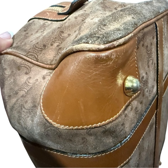 Vintage Celine Macadam Suede Boston Bag Brown Monogram Leather Trim Top Handle - Picture 5 of 13